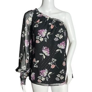 White House Black Market Shirt Womens Small Black Pink Floral One Shoulder Sheer
